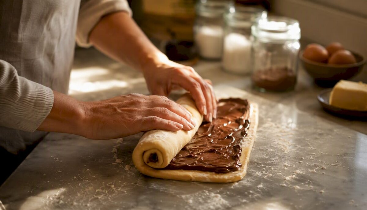 Roke, ki valjajo testo za brioche z nussnougatovo kremo