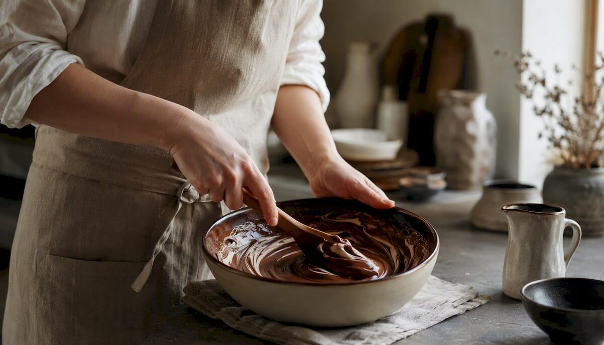 Roke, ki v skledi mešajo čokoladno ganache brez sladkorja