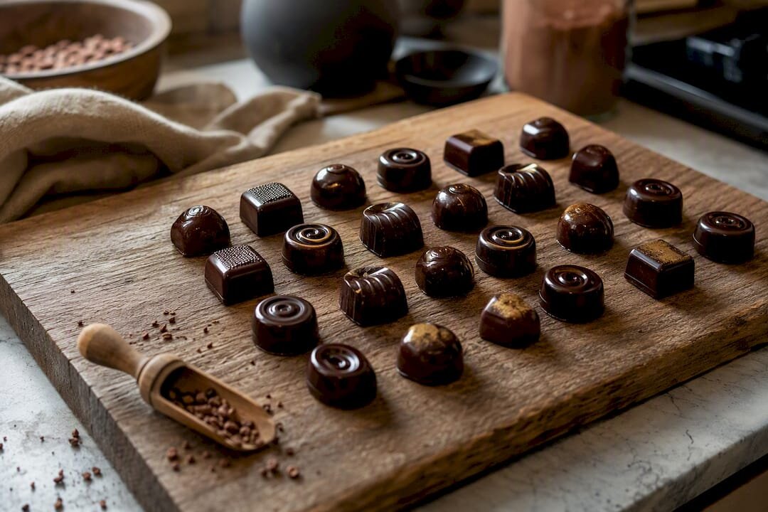 Sijajne praline iz kaljenega čokolada na leseni plošči