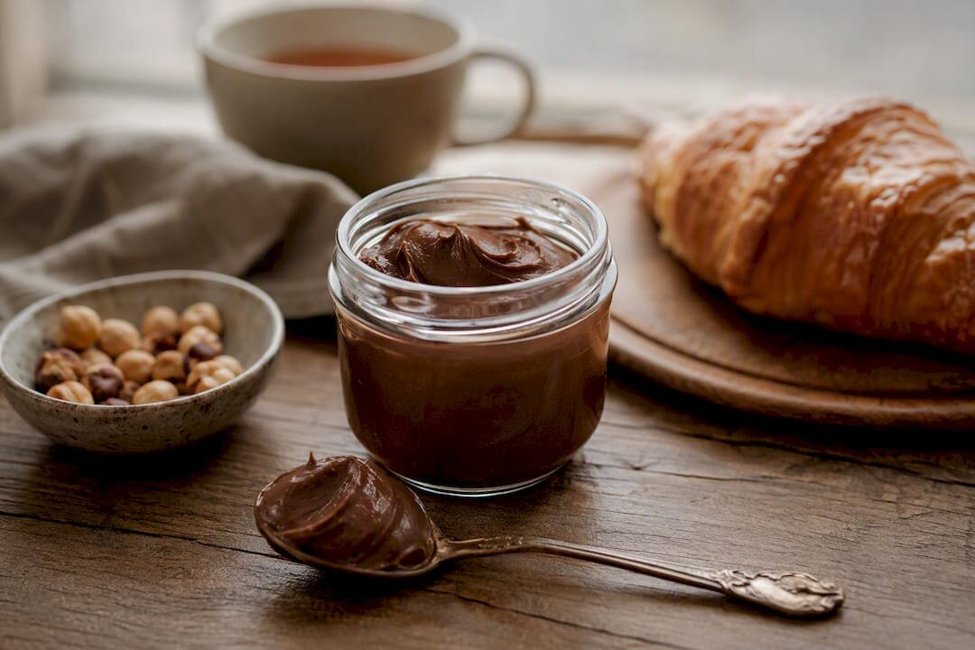 Kozarec gianduje iz lešnikov z žličko in rogljičkom