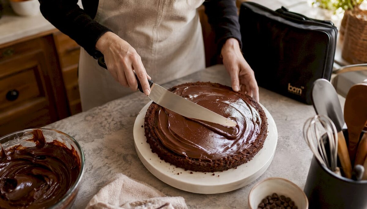 Približek rok, ki mazajo ganache po plasti torte
