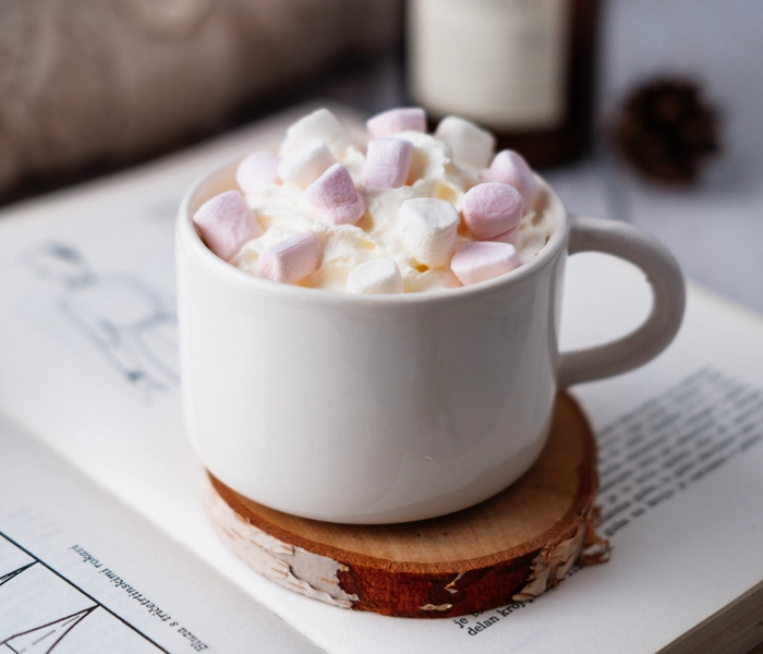 bela vroca cokolada s kokosom in mini penicami